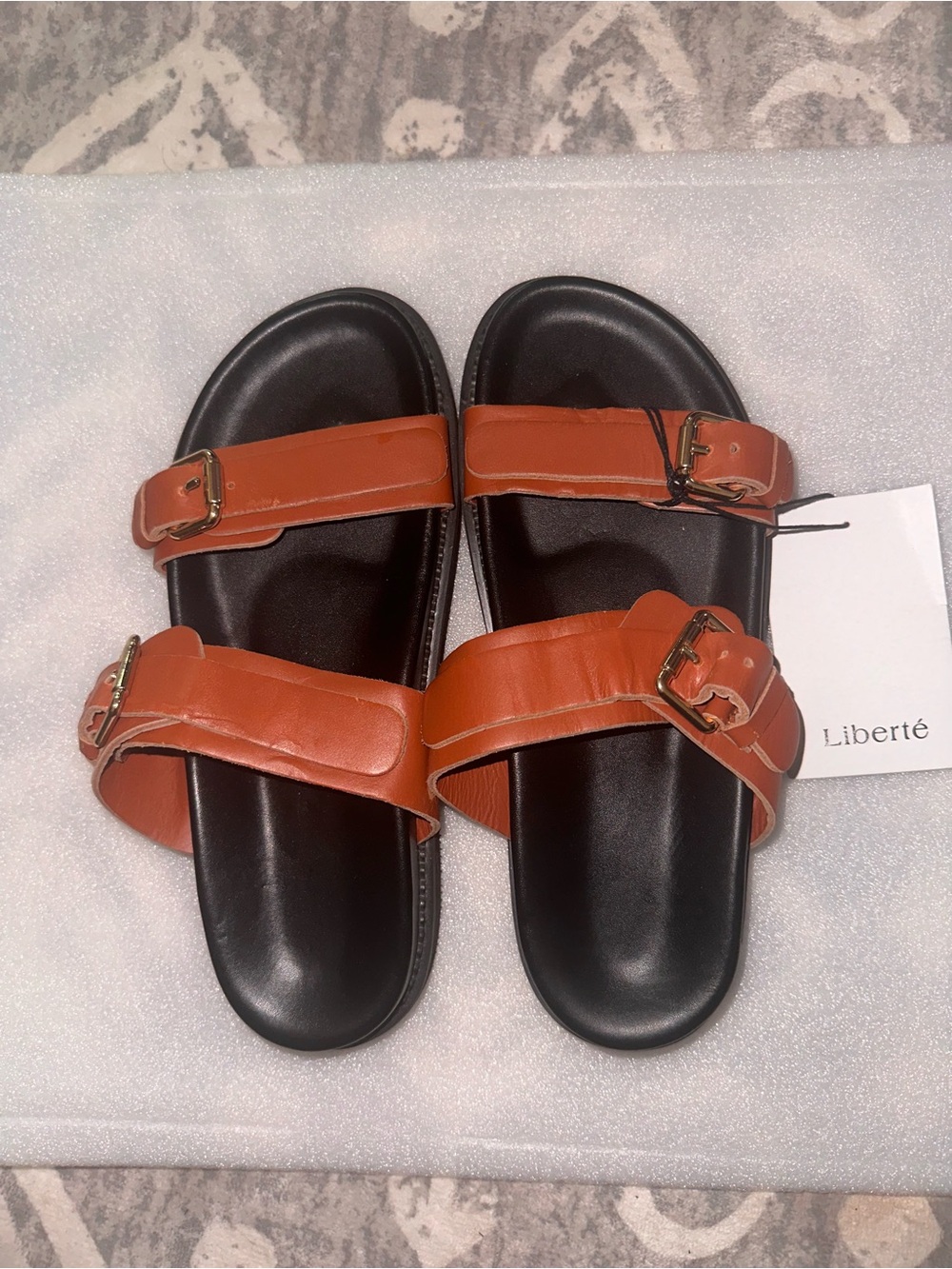 Liberté Tan Double-Buckle Slide Sandals for Women